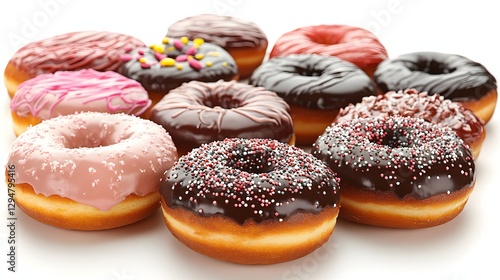 Festive pączki with colorful sprinkles and glossy chocolate glaze placed on rustic wooden board. Delicious treat for Polish Fat Tuesday or carnival celebrations photo