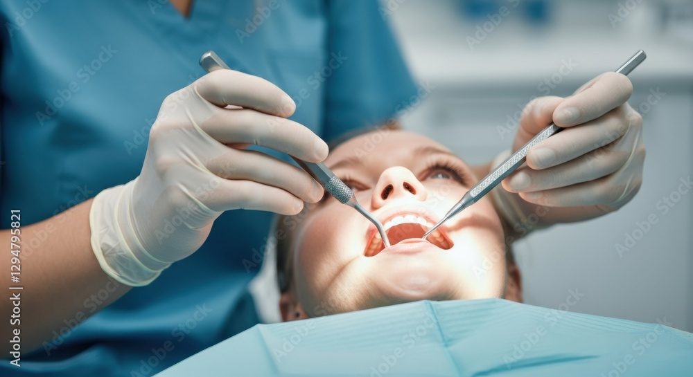 Fototapeta premium Dentist performing a dental examination on a patient in a clinical setting