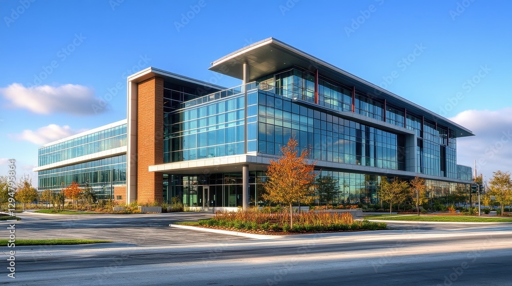 Modern glass office building in sunny urban environment with autumn foliage Modern glass office building in sunny urban environment with autumn foliage