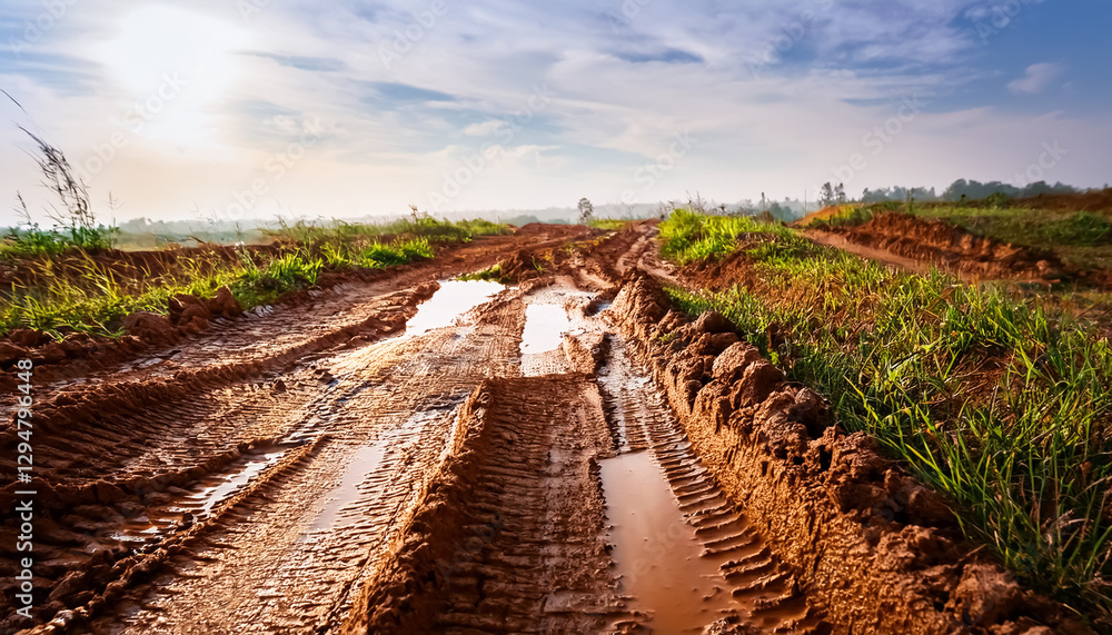 Obraz premium ぬかるんだ泥の道、水たまり、土、轍、タイヤの跡、開拓、田舎、景色