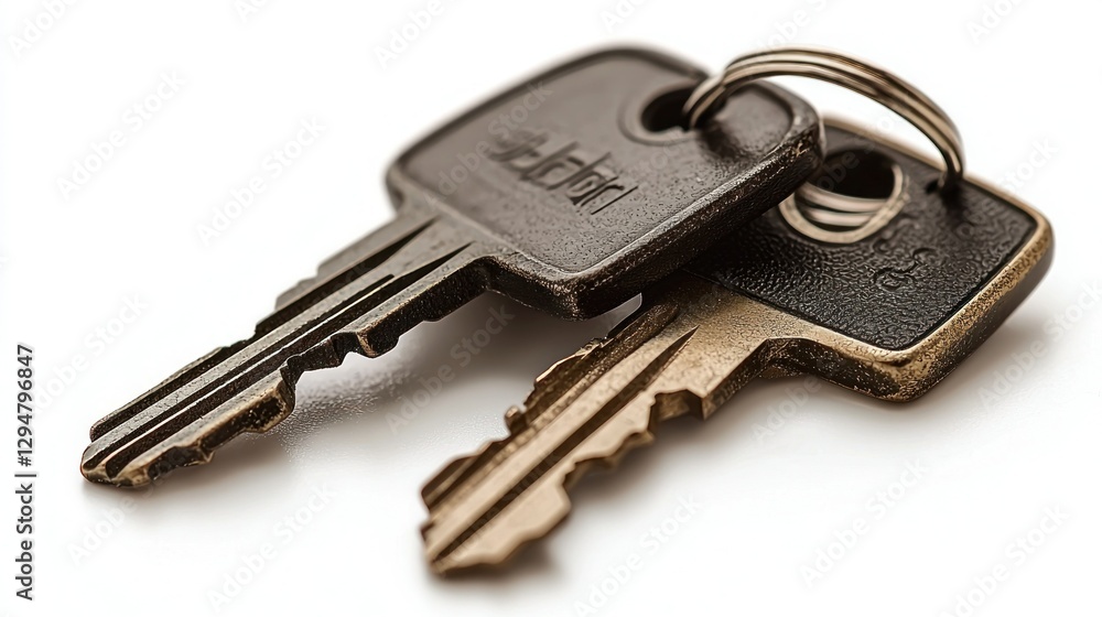 Two keys, close-up, white background, security, real estate Two keys, close-up, white background, security, real estate