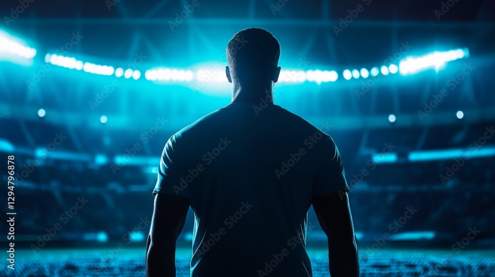 Athletic man standing in a middle of a stadium, blue ambient lighting, camera placed behind his back Athletic man standing in a middle of a stadium, blue ambient lighting, camera placed behind his back