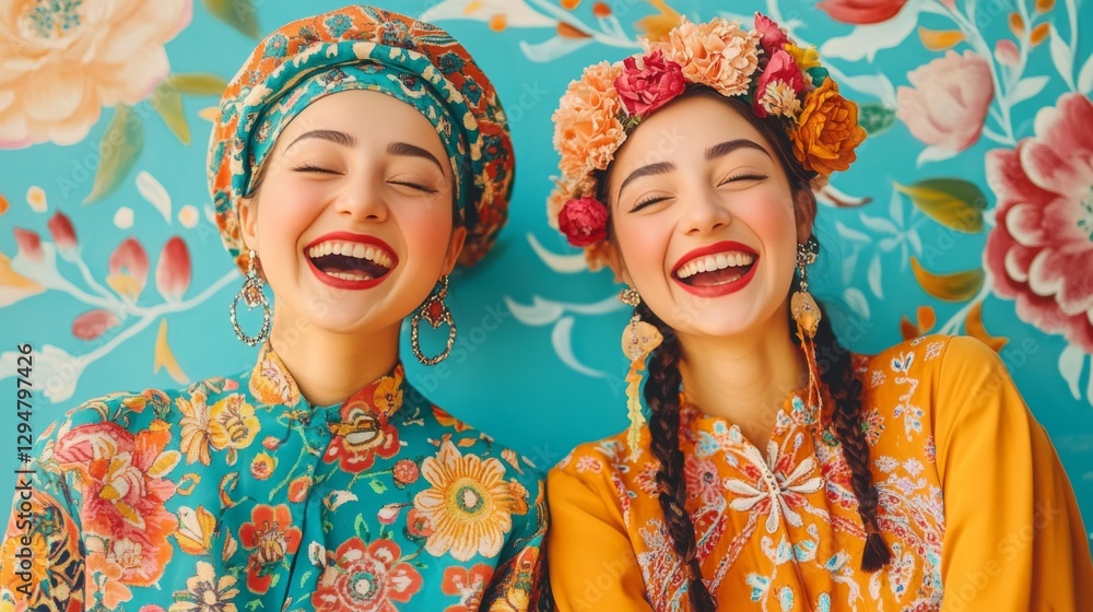 Two joyful young women, laughing brightly against a vibrant floral backdrop. Happiness radiates from their infectious smiles. Two joyful young women, laughing brightly against a vibrant floral backdrop. Happiness radiates from their infectious smiles.