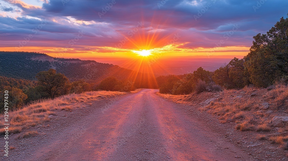 Breathtaking colors fill the sky as the sun sets behind rolling hills, illuminating a peaceful dirt road lined with trees. Nature's beauty unfolds in a serene moment of tranquility