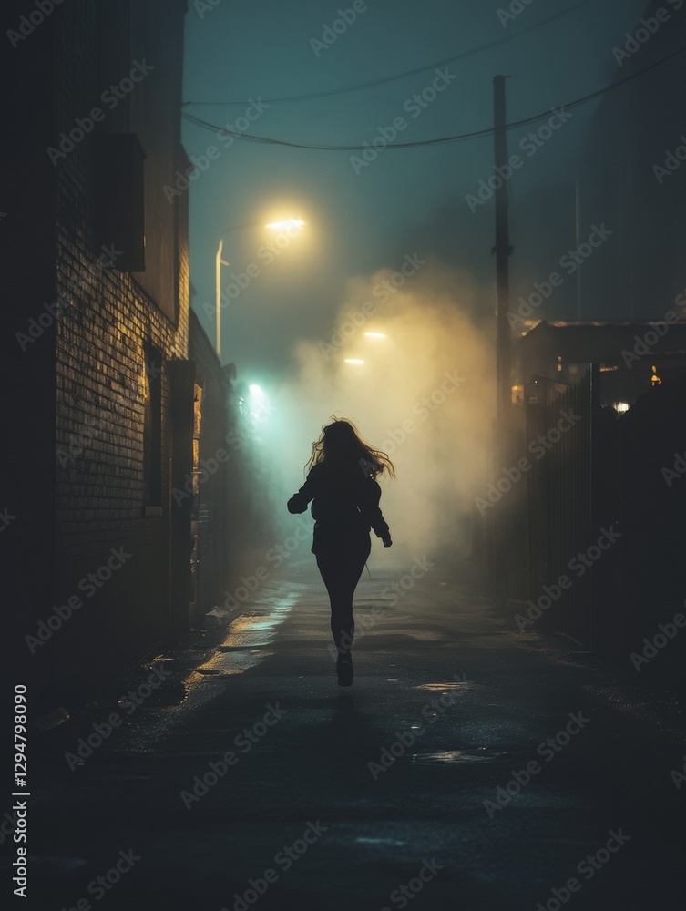 A girl runs down a dark alley. A girl runs down a dark alley.