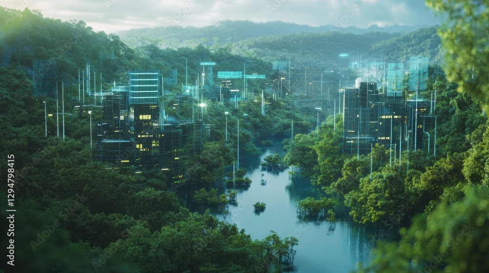 Obraz premium A futuristic city nestled in a lush green valley, with a river flowing through it.