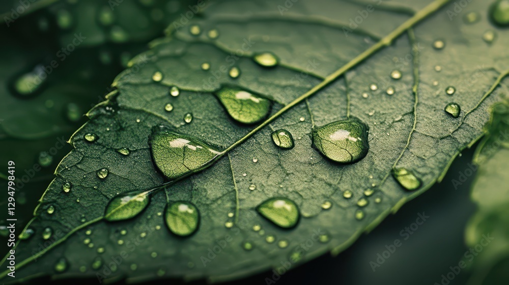 Fototapeta premium Collection of small raindrops on the veins of a leaf, macro view highlighting the clarity of the water, ultra-detailed close-up with a soft-focus background, natural and calming vibe