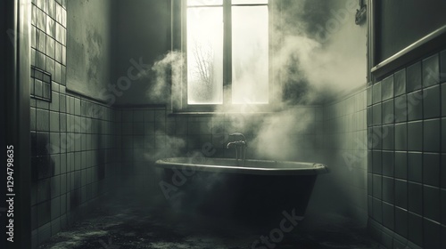 A bathroom, dust and smoke, scary ambient
