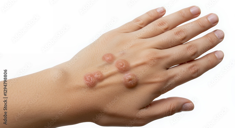 Close-Up of Skin Lesion with Grouped Vesicles: Pinkish-Beige Blisters on Light Skin Close-Up of Skin Lesion with Grouped Vesicles: Pinkish-Beige Blisters on Light Skin