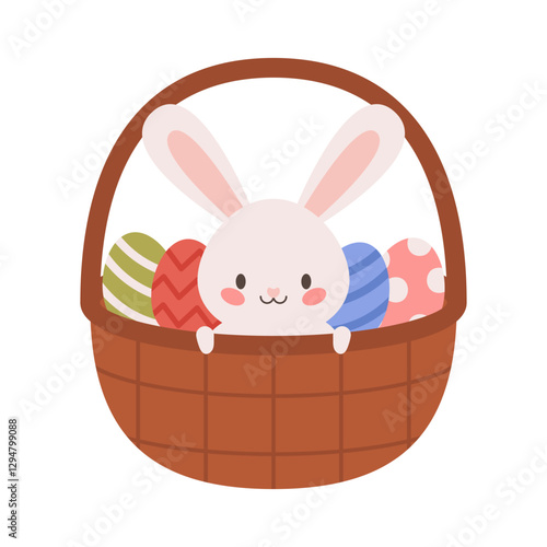 Easter bunny in basket with Easter eggs. Holiday banner in flat style