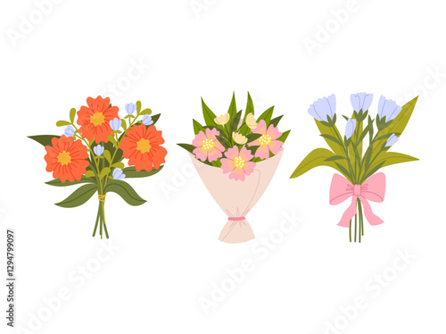 Vector set of flower bouquets in flat style isolated on white background