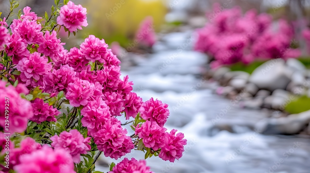 Obraz premium Vibrant pink azaleas bloom along a serene stream, with blurred greenery in the background