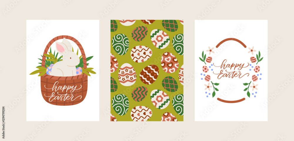 Vector set of Easter greeting cards. Bunny in basket with eggs, easter wreath, egg pattern. Holiday banners in flat style Vector set of Easter greeting cards. Bunny in basket with eggs, easter wreath, egg pattern. Holiday banners in flat style