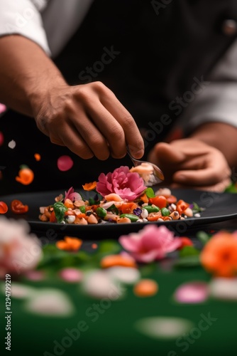 Chef delicately plating a vibrant seafood salad, garnished with edible flowers.