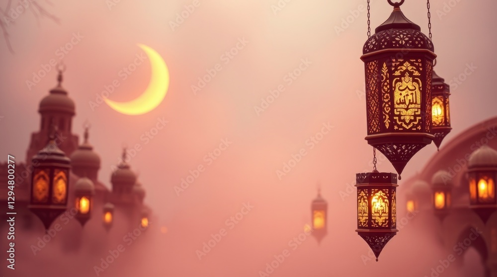 Ramadan Lanterns and Crescent Moon Night Scene Ramadan Lanterns and Crescent Moon Night Scene
