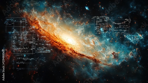 Spiral galaxy surrounded by complex mathematical formulas and space imagery