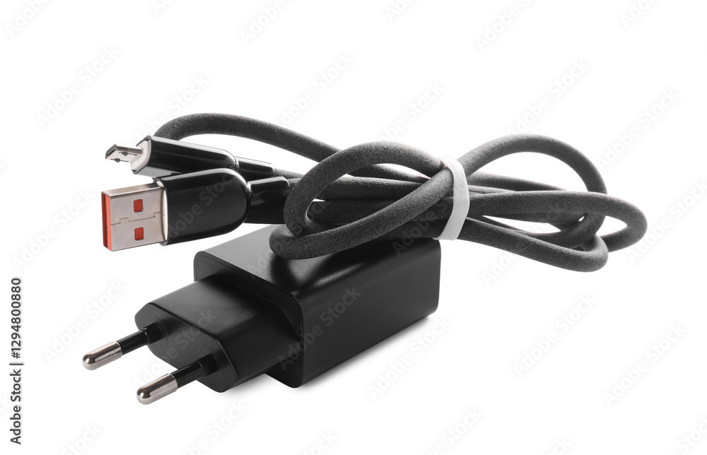 USB power adapter and charge cable isolated on white USB power adapter and charge cable isolated on white