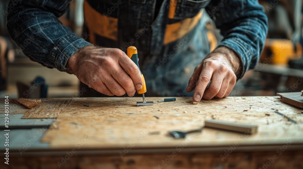 Fingers skillfully maneuver an Allen wrench and instruction manual while assembling flat-pack furniture on a workbench in a cozy woodworking space filled with tools Fingers skillfully maneuver an Allen wrench and instruction manual while assembling flat-pack furniture on a workbench in a cozy woodworking space filled with tools