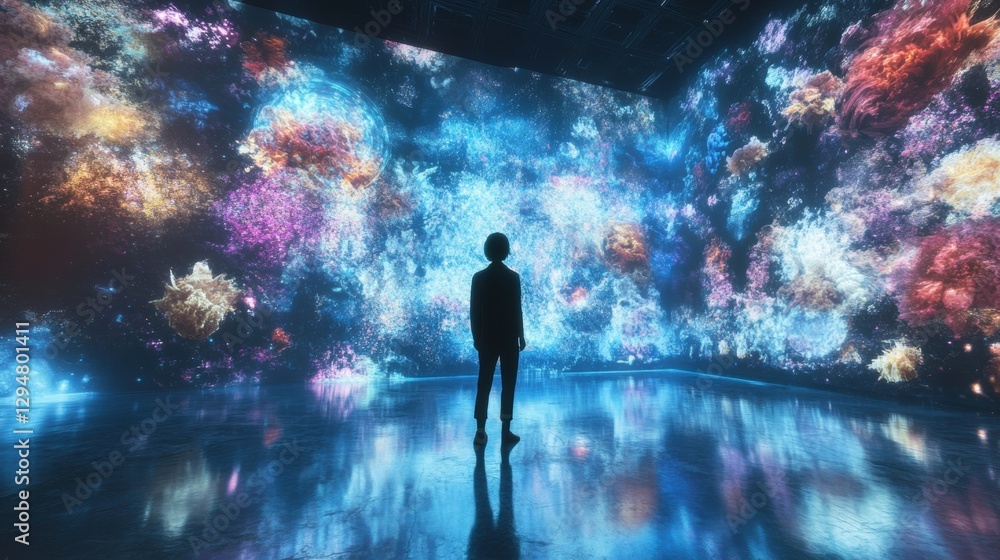 A man stands in front of a large screen displaying a colorful, abstract image. A man stands in front of a large screen displaying a colorful, abstract image.