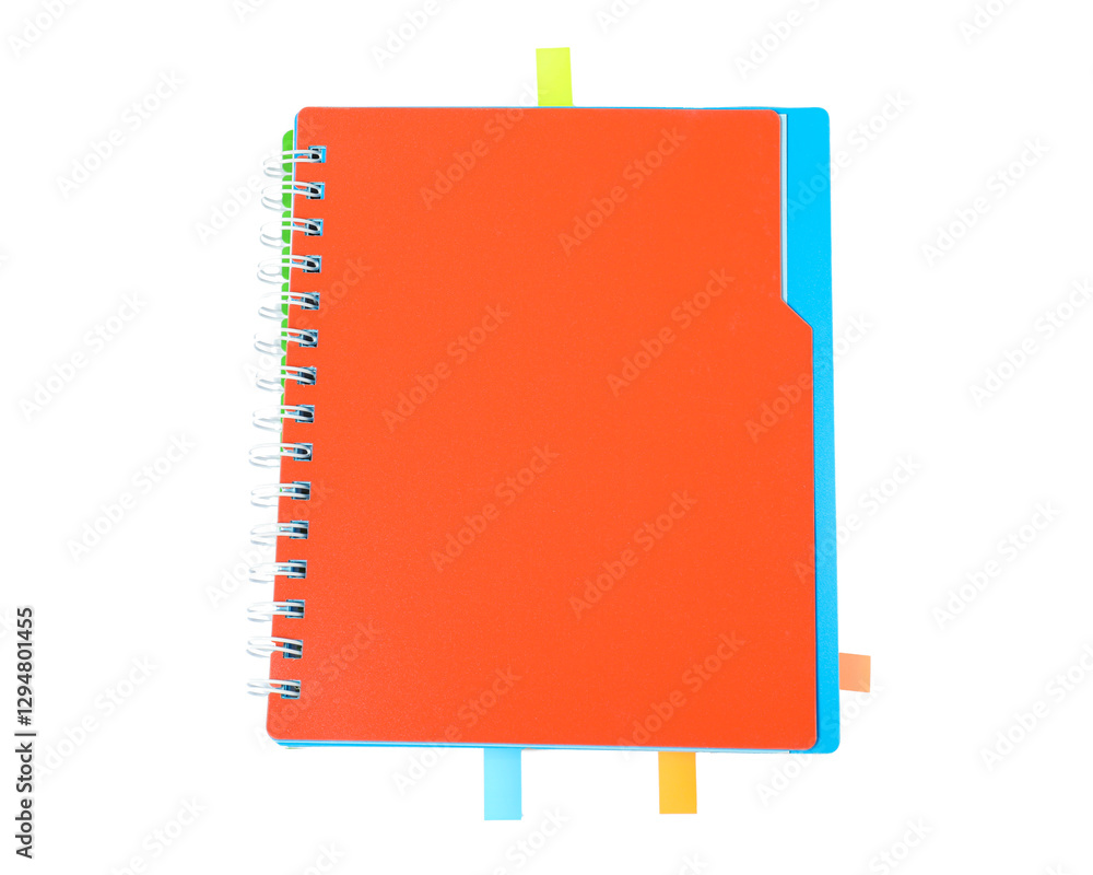 Notebook with colorful tabs isolated on white, top view Notebook with colorful tabs isolated on white, top view