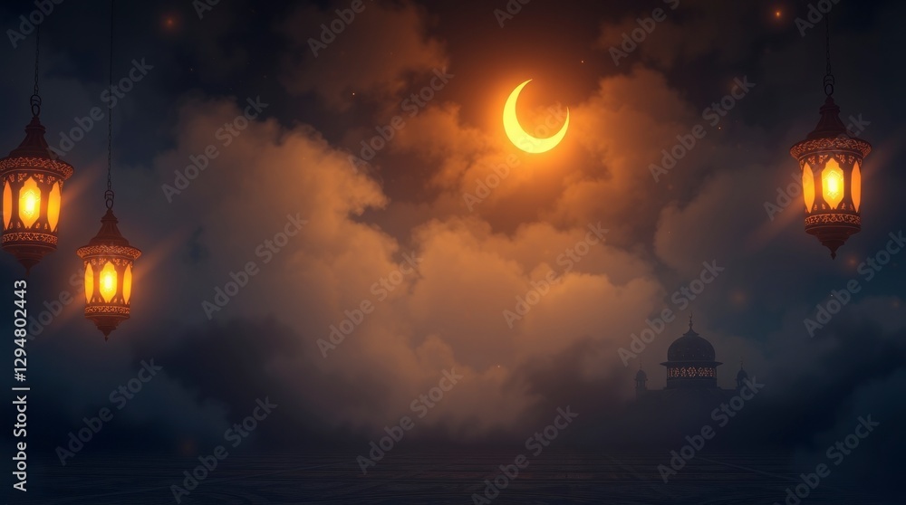 Ramadan Night Scene Crescent Moon and Lanterns Ramadan Night Scene Crescent Moon and Lanterns