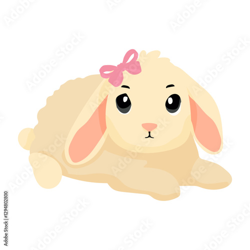 A cute bunny with a pink bow on its head lays on a white background. The bunny has a serious expression on its face, which gives the image a somewhat somber mood