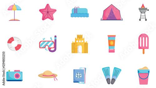 Set of vector summer icons with white background