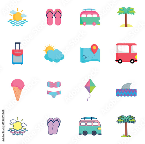 Set of vector summer icons with white background