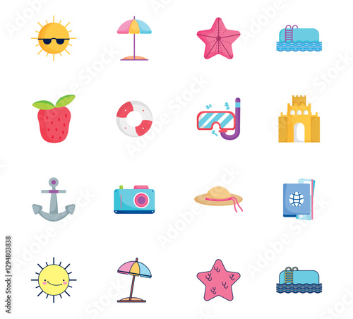 Set of vector summer icons with white background