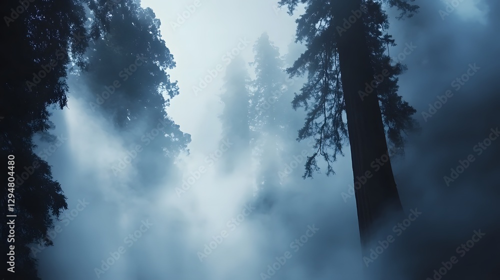 Naklejka premium Majestic redwood trees emerging from the thick fog