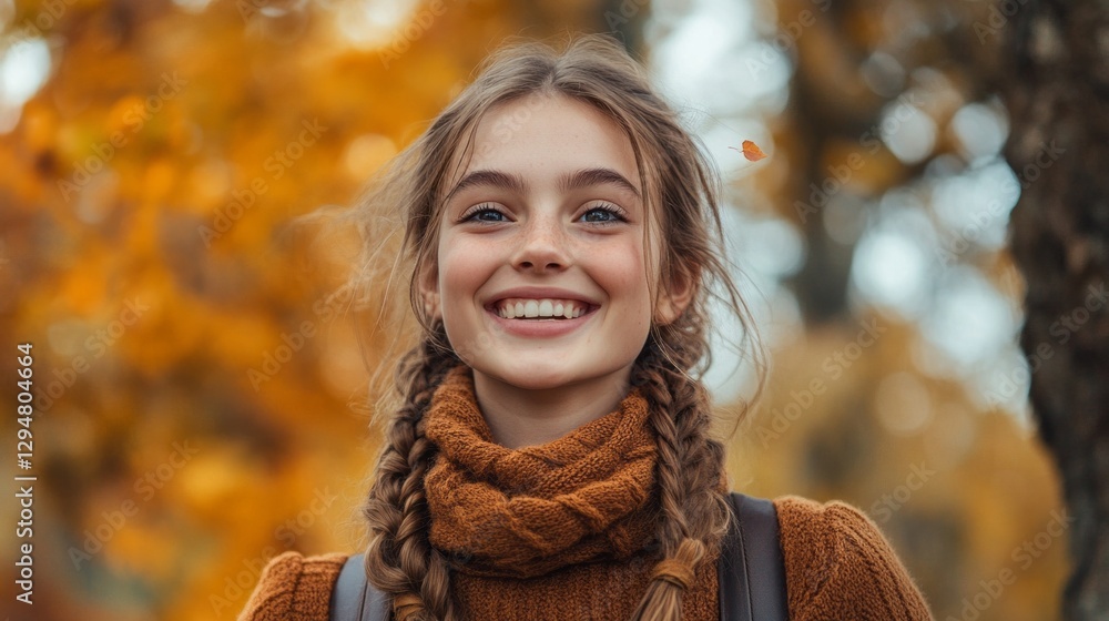 A delighted girl with braids laughs joyfully while playing in vibrant autumn leaves, surrounded by the warm colors of a sunny fall day in a park A delighted girl with braids laughs joyfully while playing in vibrant autumn leaves, surrounded by the warm colors of a sunny fall day in a park