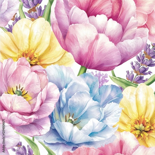 Wallpaper Mural Vibrant spring floral pattern featuring hand-drawn tulips, daisies, and lavender Torontodigital.ca