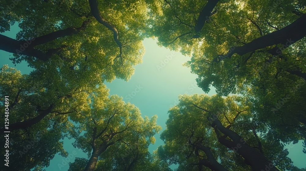 Fototapeta premium Lush green tree canopy forming natural frame against clear sky