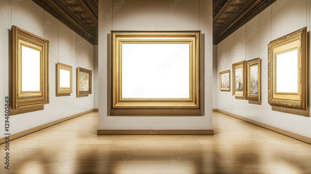 Elegant Gold Framed Artwork Gallery Interior Empty Frames Modern Art Museum White Walls Mockup Design Template Showcase Presentation Golden Picture Elegant Gold Framed Artwork Gallery Interior Empty Frames Modern Art Museum White Walls Mockup Design Template Showcase Presentation Golden Picture