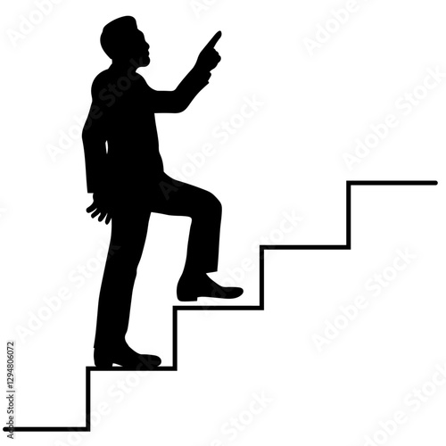 指差ししながら階段を上る男性のシルエットイラスト