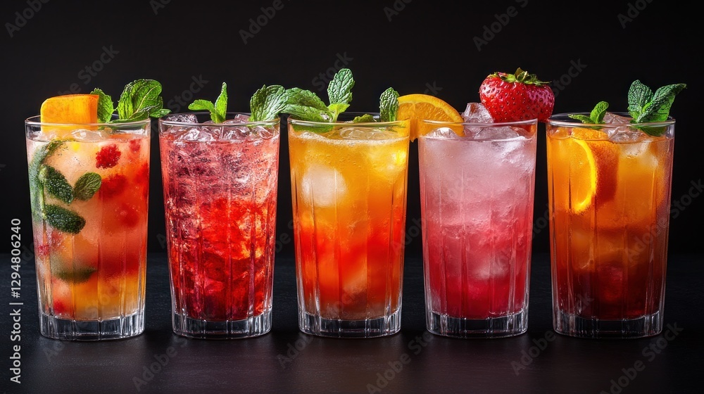 Colorful iced drinks, variety of cocktails, bar counter, dark background Colorful iced drinks, variety of cocktails, bar counter, dark background