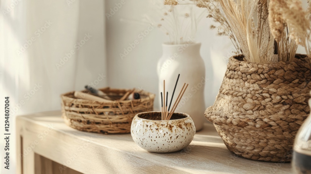 A wooden shelf with three decorative items: a woven basket, a white vase with dried flowers, and a small white bowl with sticks. A wooden shelf with three decorative items: a woven basket, a white vase with dried flowers, and a small white bowl with sticks.