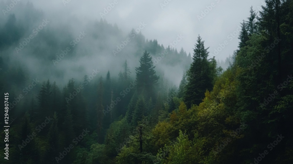 Misty Mountain Forest Landscape with Lush Green Trees Misty Mountain Forest Landscape with Lush Green Trees