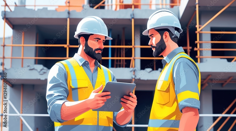 Construction Workers Collaborating on Site with Safety Gear and Tablet Technology Construction Workers Collaborating on Site with Safety Gear and Tablet Technology