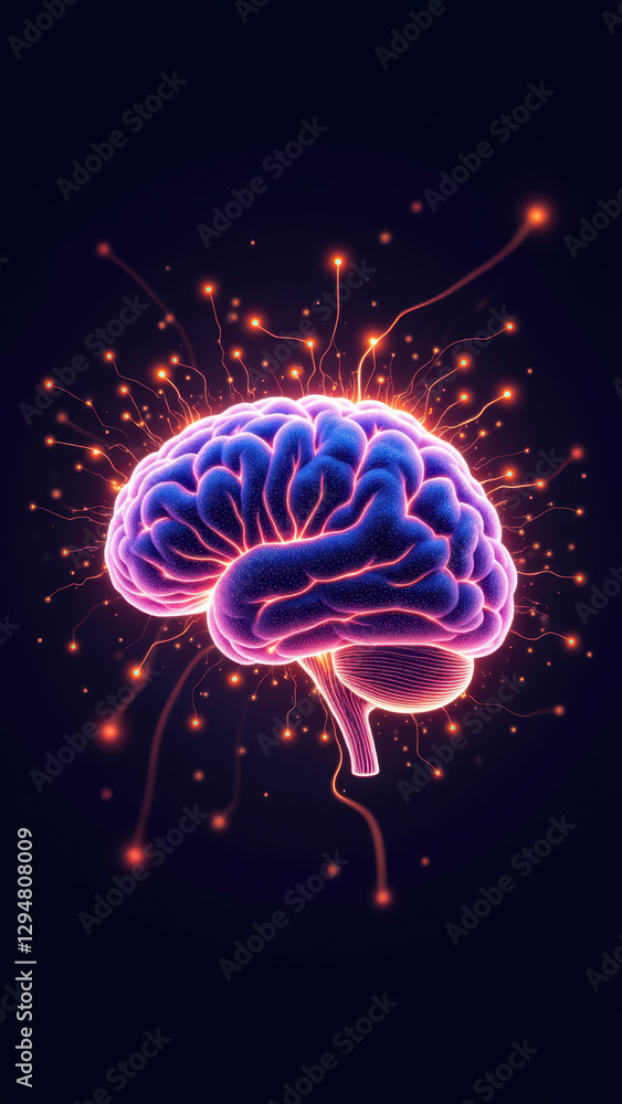 Fototapeta premium A digital illustration of a human brain with fireworks or sparkles coming out of it, symbolizing intelligence, creativity, or artificial general intelligence (AGI).