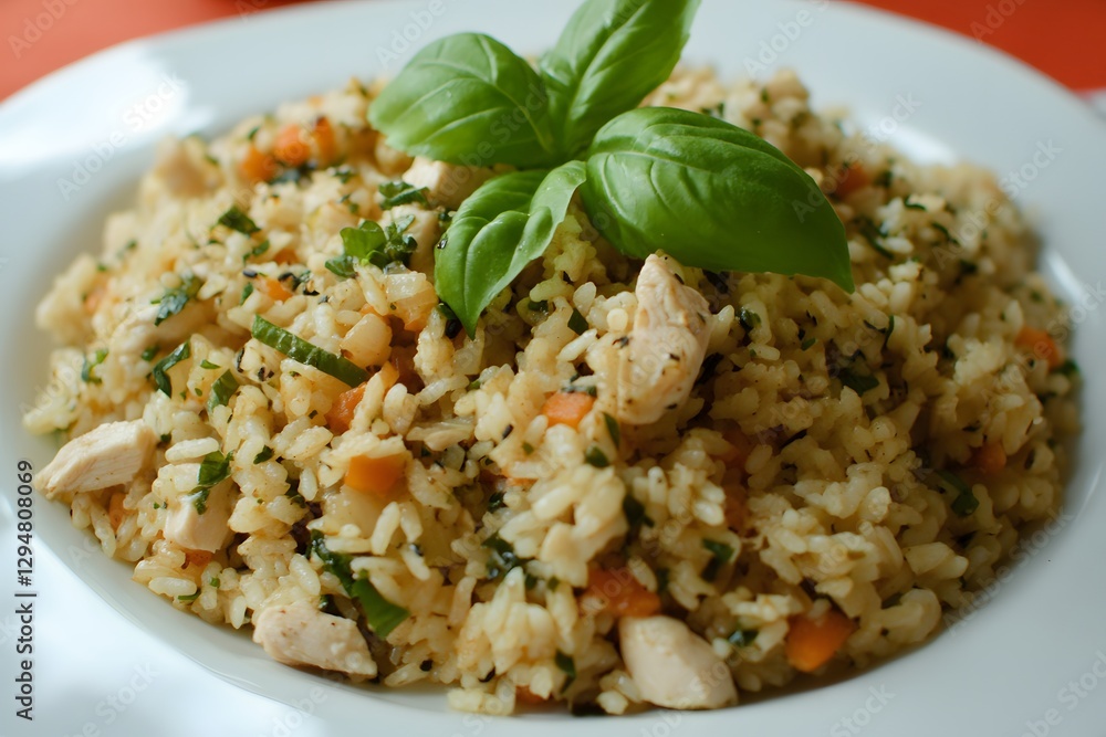 Delicious Chicken and Rice Dish with Basil Garnish Delicious Chicken and Rice Dish with Basil Garnish