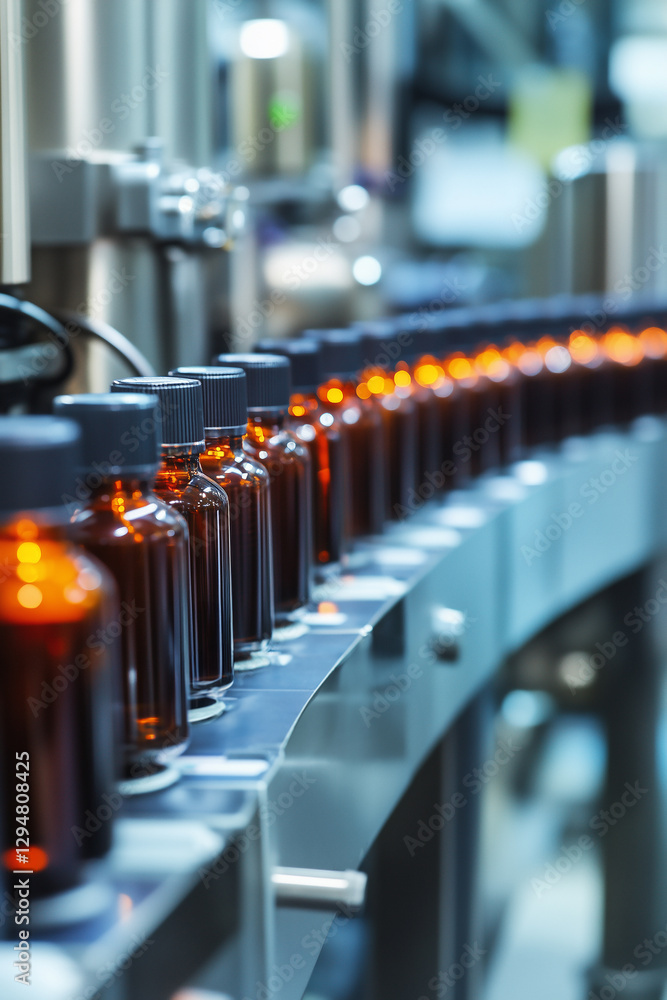 An automated line of an ultra-modern cosmetics factory. Vertical banner An automated line of an ultra-modern cosmetics factory. Vertical banner
