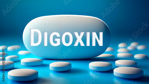 Digoxin pill with the name printed on it, blue background	 photo