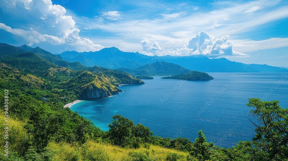 Stunning coastal landscape with lush green hills and expansive blue ocean Stunning coastal landscape with lush green hills and expansive blue ocean