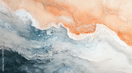 Abstract aerial view of ocean waves meeting sandy shoreline with vibrant colors
