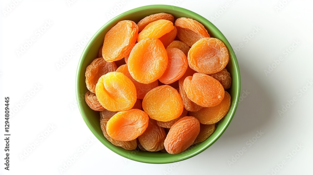 A green bowl filled with dried apricots, captured from a top-down perspective against a white background A green bowl filled with dried apricots, captured from a top-down perspective against a white background