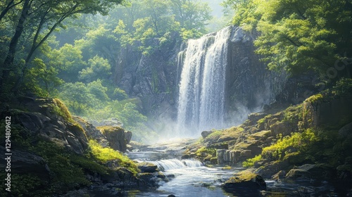 Majestic forest waterfall cascading over rocks in serene nature scene