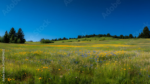 Fototapeta Naklejka Na Ścianę i Meble -  A vibrant meadow filled with wildflowers under a clear blue summer sky.