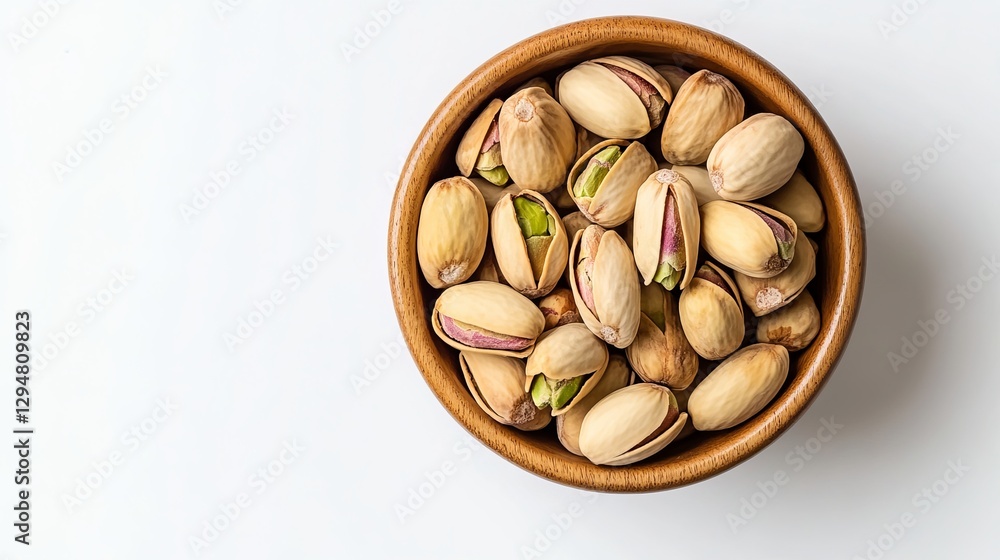 A small bowl containing pistachio nuts, isolated against a white background. Top-down view with copy space. A small bowl containing pistachio nuts, isolated against a white background. Top-down view with copy space.