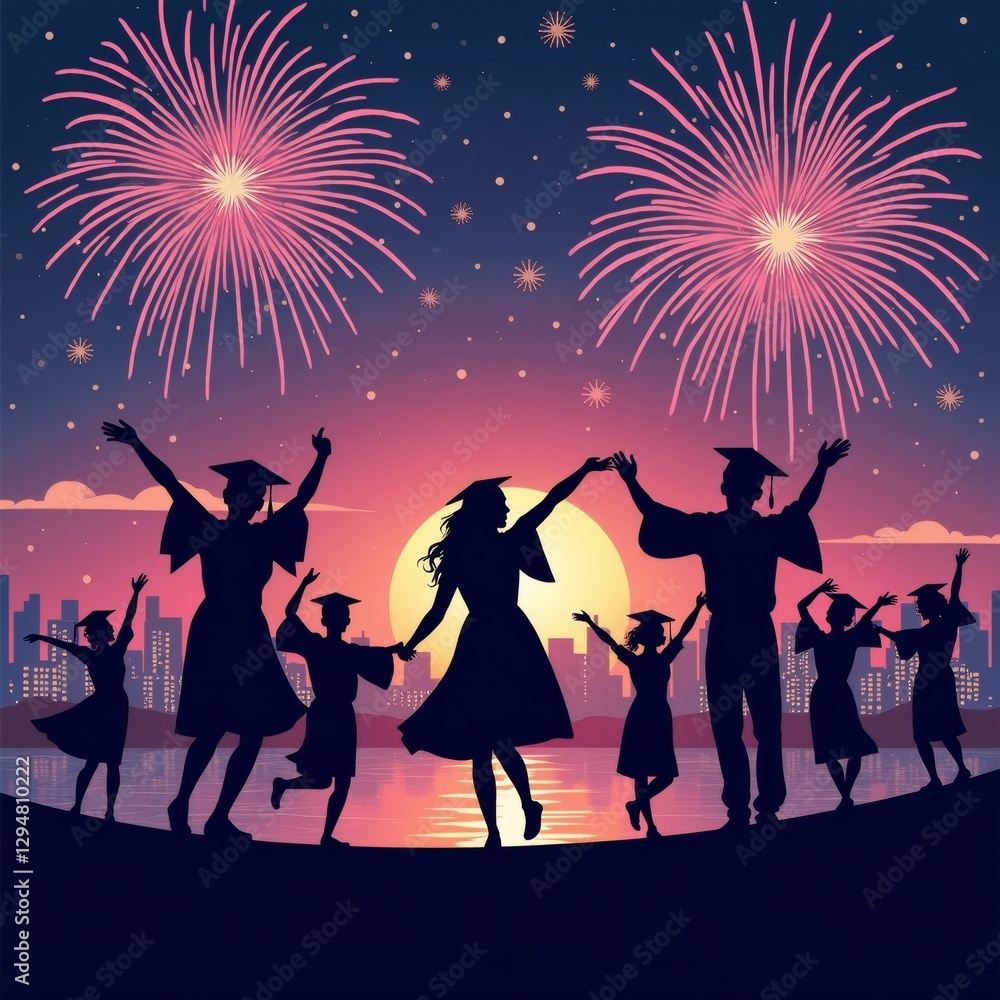 digital illustration group people celebrating graduation ceremony background night sky pink purple fireworks exploding sky fireworks shape heart bursting different colors creating beautiful display digital illustration group people celebrating graduation ceremony background night sky pink purple fireworks exploding sky fireworks shape heart bursting different colors creating beautiful display